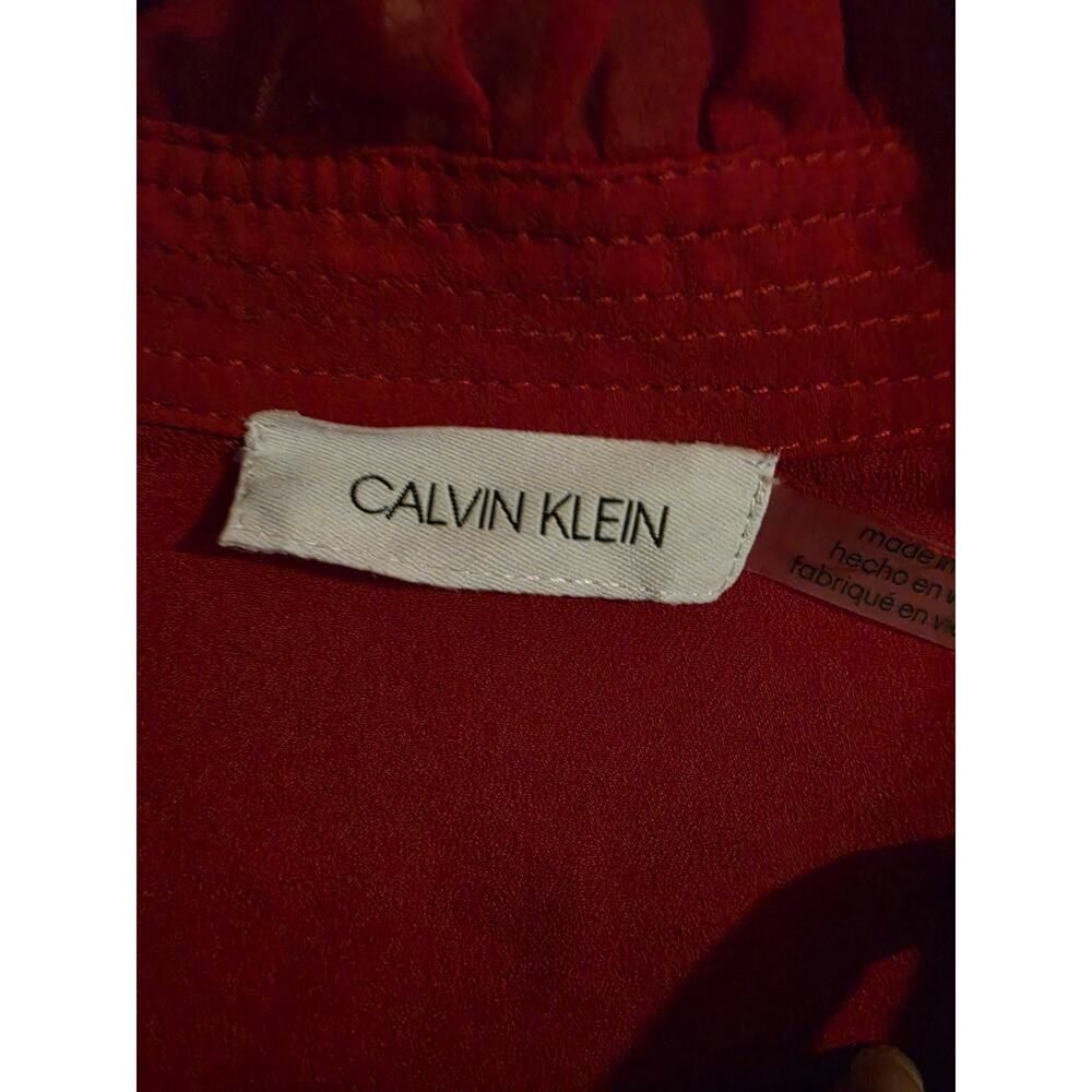 Calvin Klein Red Chiffon Blouse Women Ruffle Collar Gold Button LongSleeve L/XL? - Picture 2 of 6